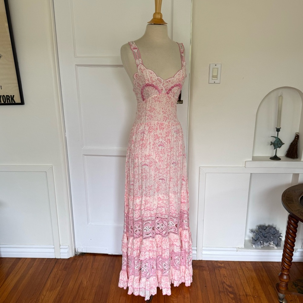 Pink Floral Maxi Dress with Scalloped Bodice and Lace Trim